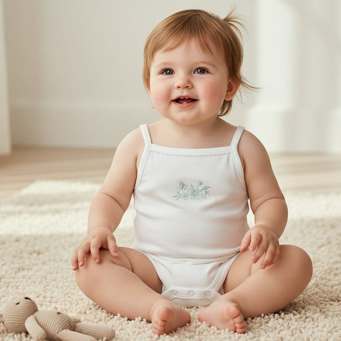 Giggles Square Neck Strappy Bodysuit with Floral Embroidery - 12-18 MTHS