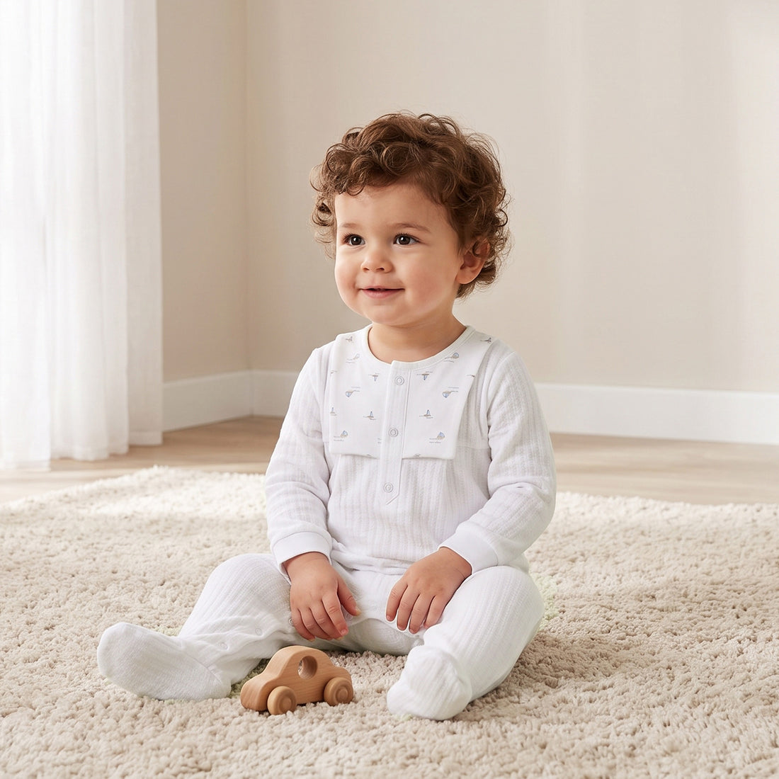 Giggles Cotton Round Neck Long Sleeves Sleepsuit with Ribbed Design - White / 9-12 mths
