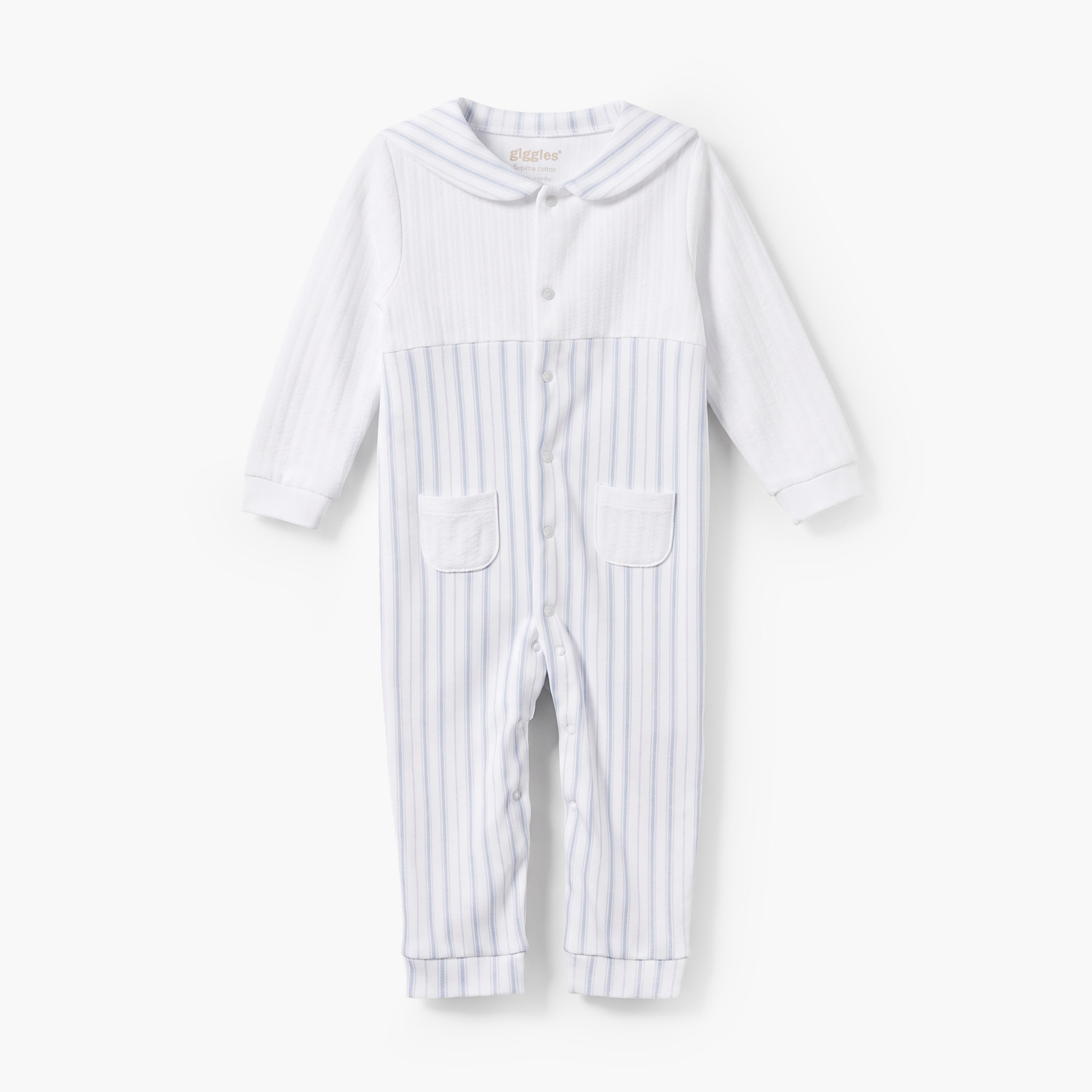 Giggles Cotton Sailor Collar Long Sleeves Sleepsuit with Stripes