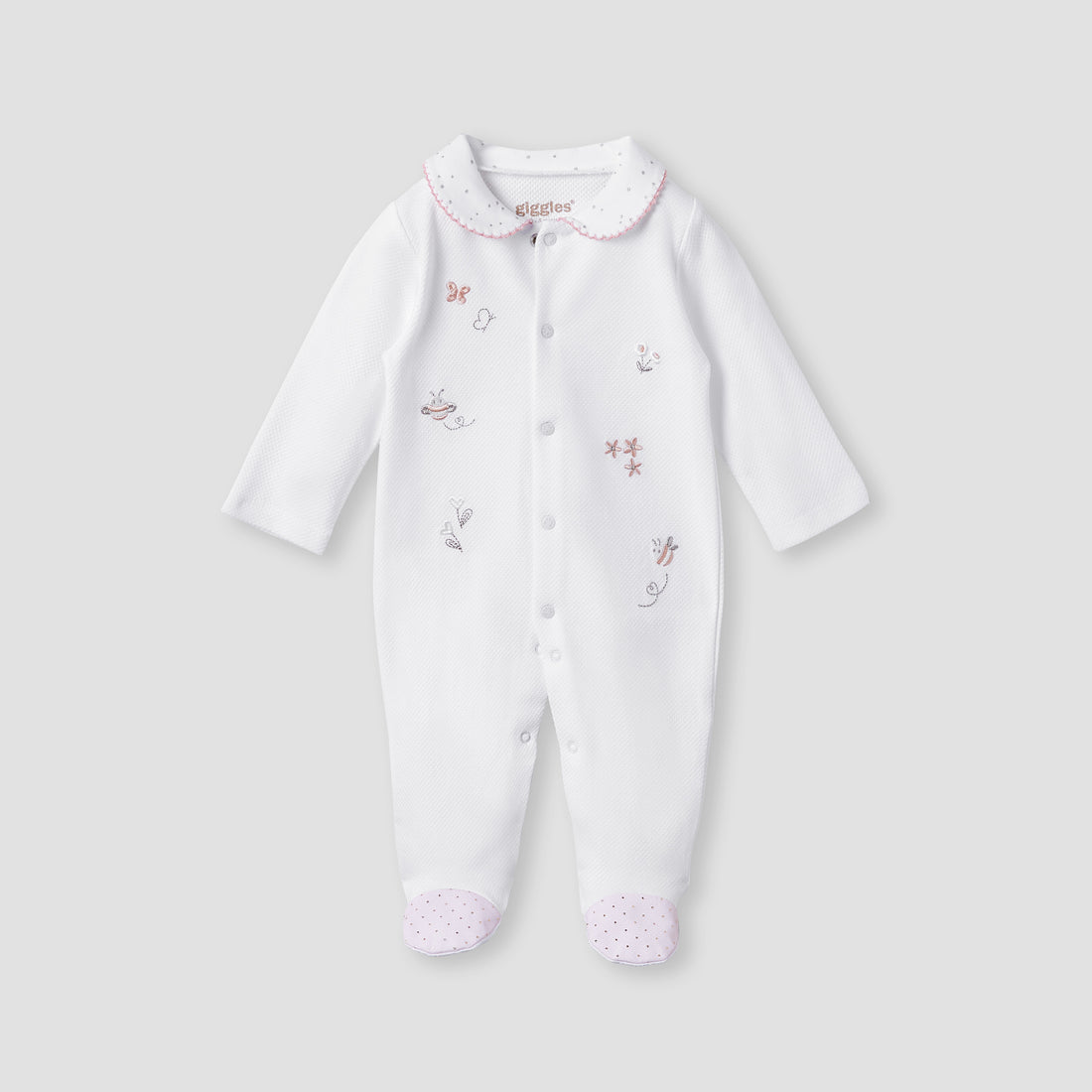 Giggles Embroidered Sleepsuit with Long Sleeves and Button Closure - White / 9-12 mths