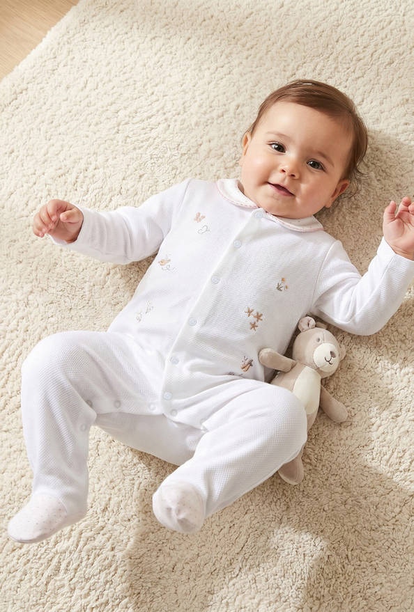 Giggles Embroidered Sleepsuit with Long Sleeves and Button Closure