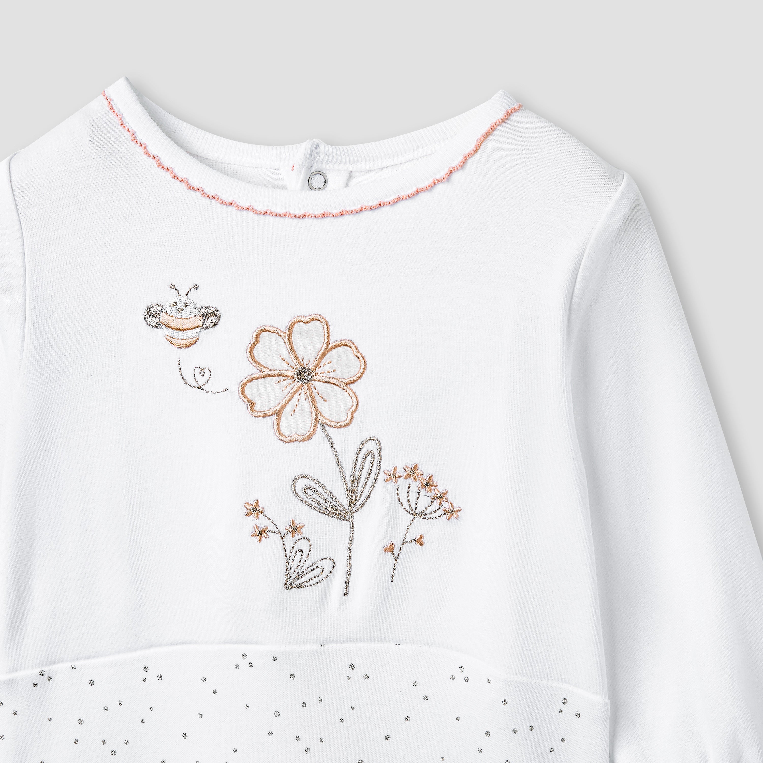 Giggles Embroidered Sleepsuit with Long Sleeves and Button Closure