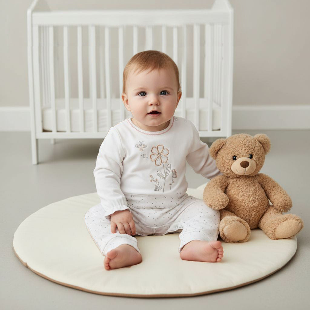 Giggles Embroidered Sleepsuit with Long Sleeves and Button Closure