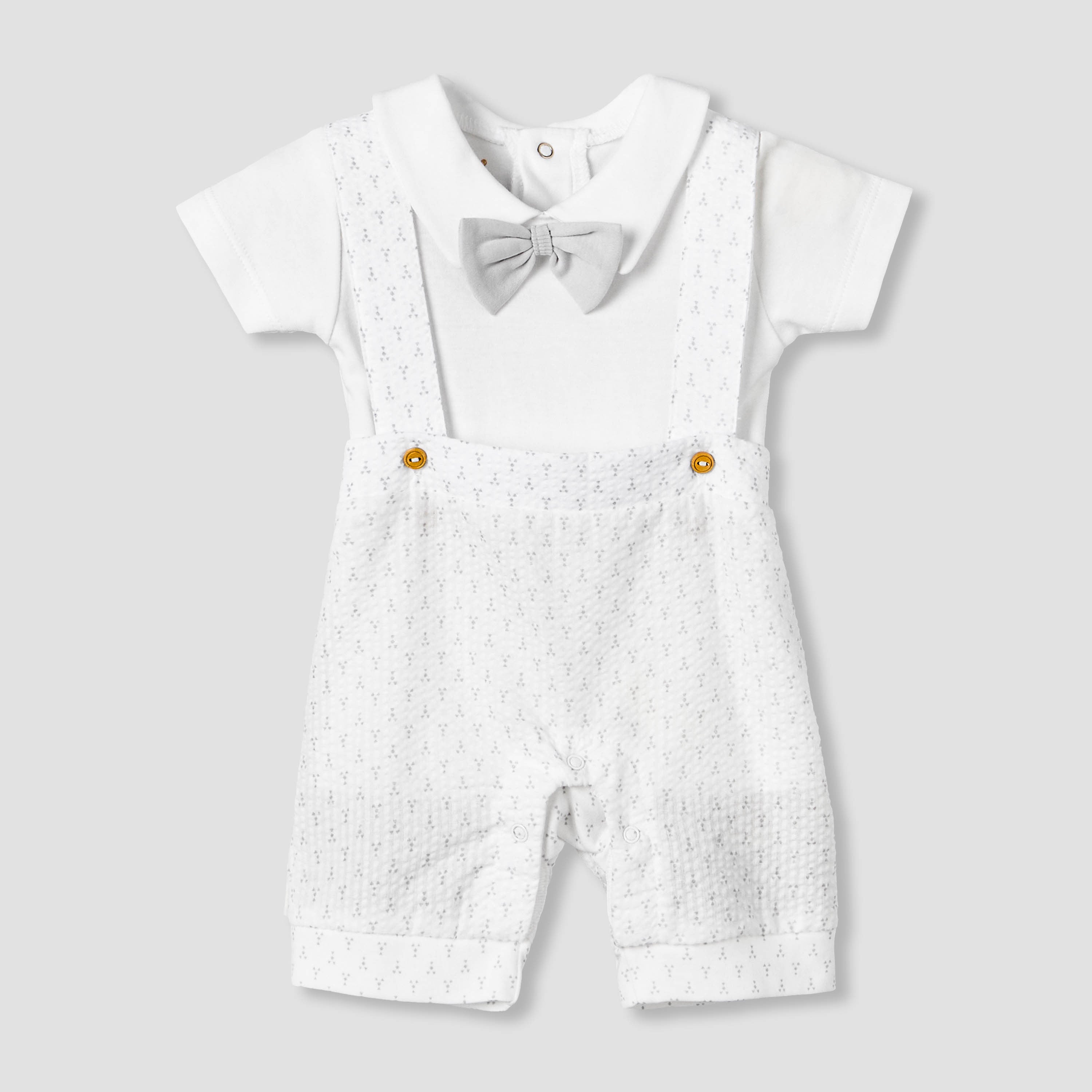 Giggles Collar Short Sleeves T-shirt and Dungaree Set with Bow - White / 12-18 mths