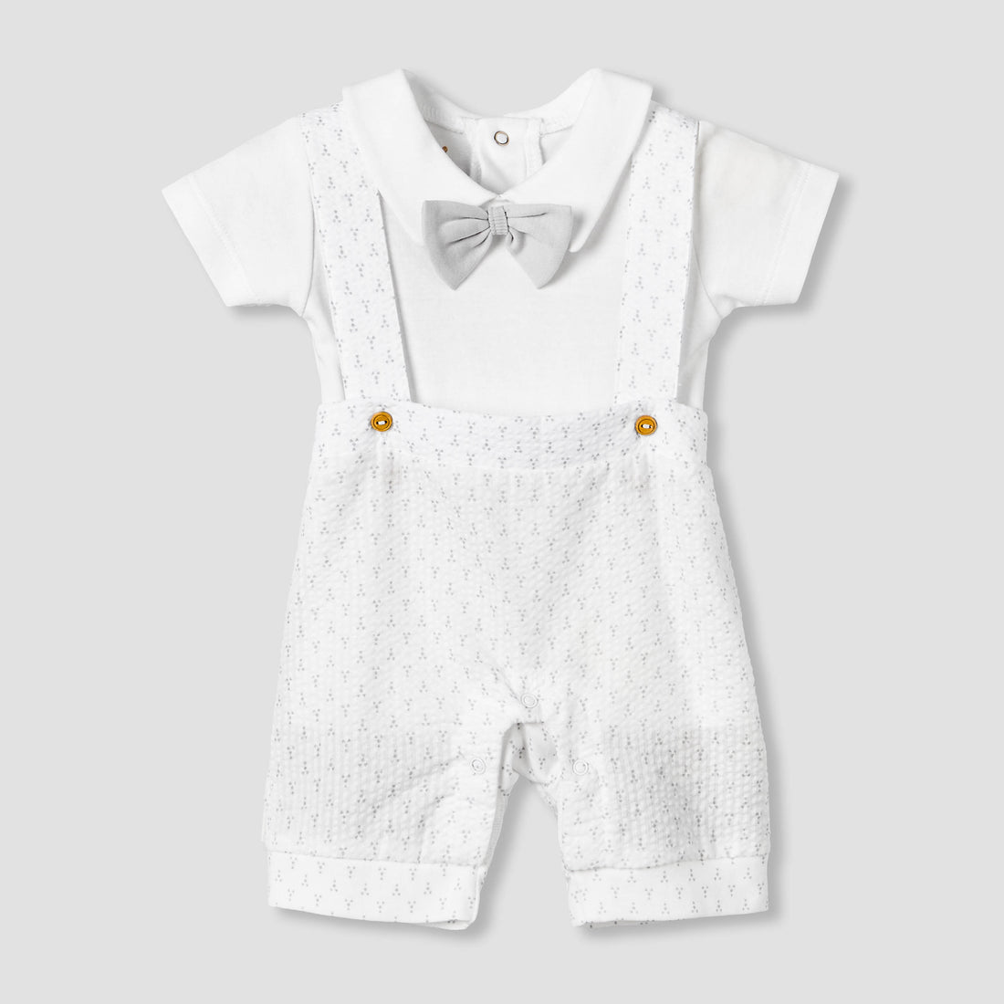 Giggles Collar Short Sleeves T-shirt and Dungaree Set with Bow - White / 12-18 mths