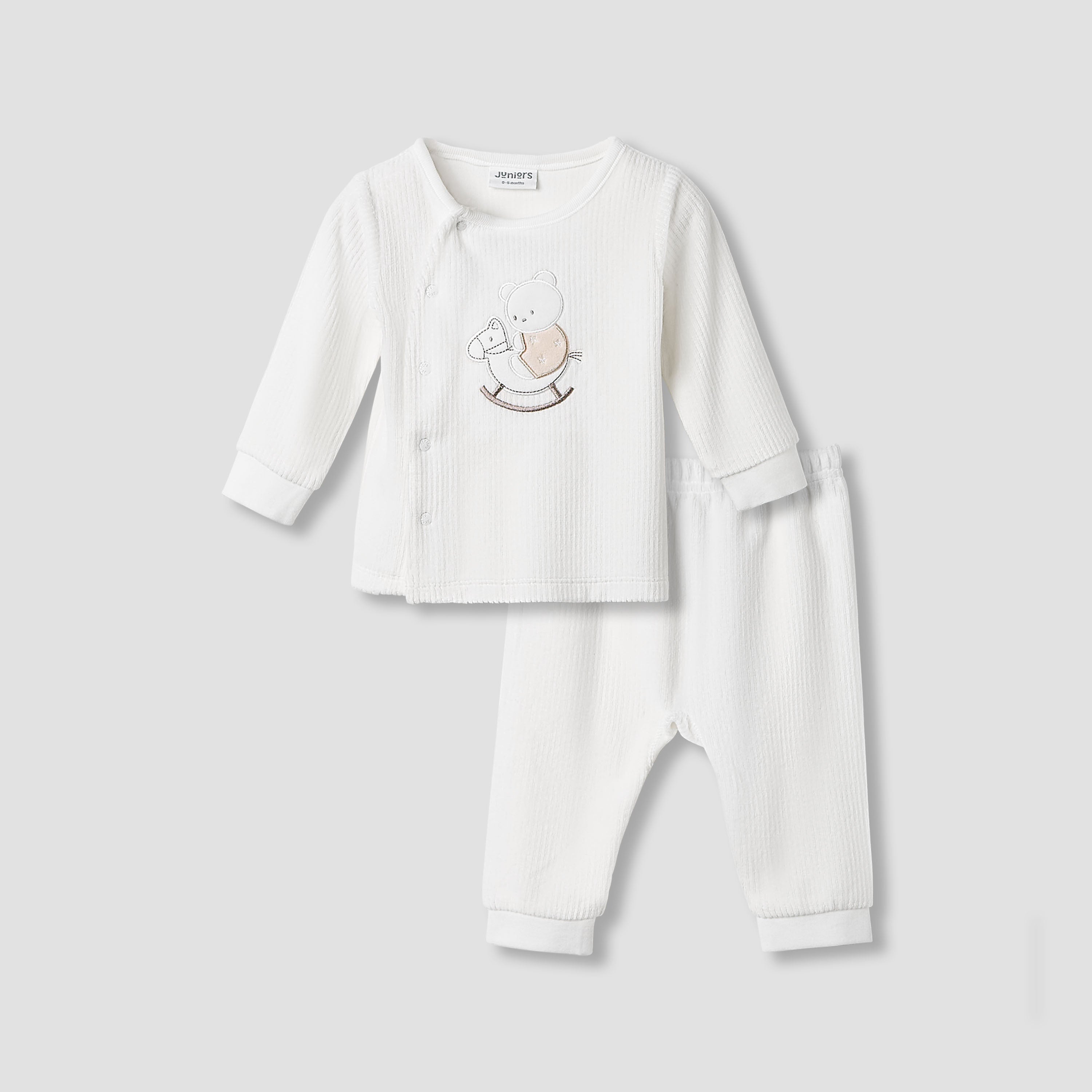 Juniors Pyjama Set with Bear Applique - Velour - Long Sleeves - Round Neck - White / 12-18 mths