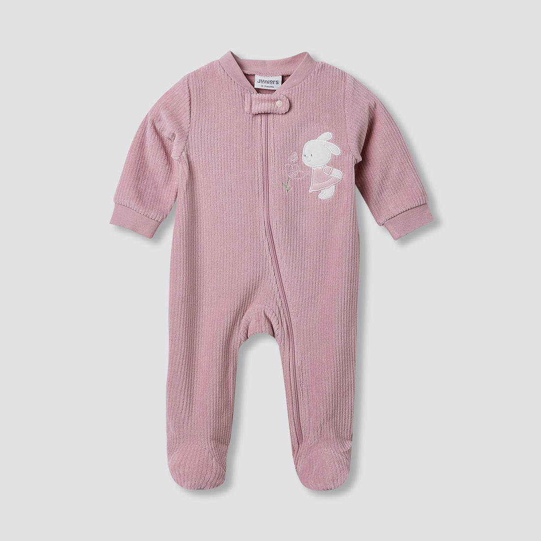 Juniors Round Neck Sleepsuit with Corduroy Texture - Cotton Blend - Long Sleeves - Pink / 9-12 mths