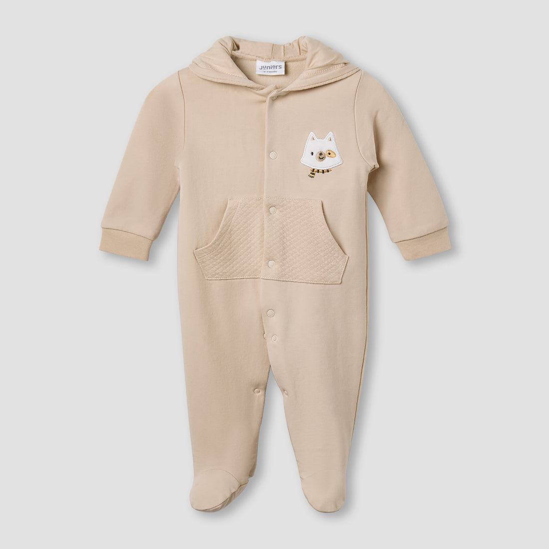Juniors Hooded Sleepsuit with Animal Applique - Cotton - Long Sleeves - Beige / 9-12 mths