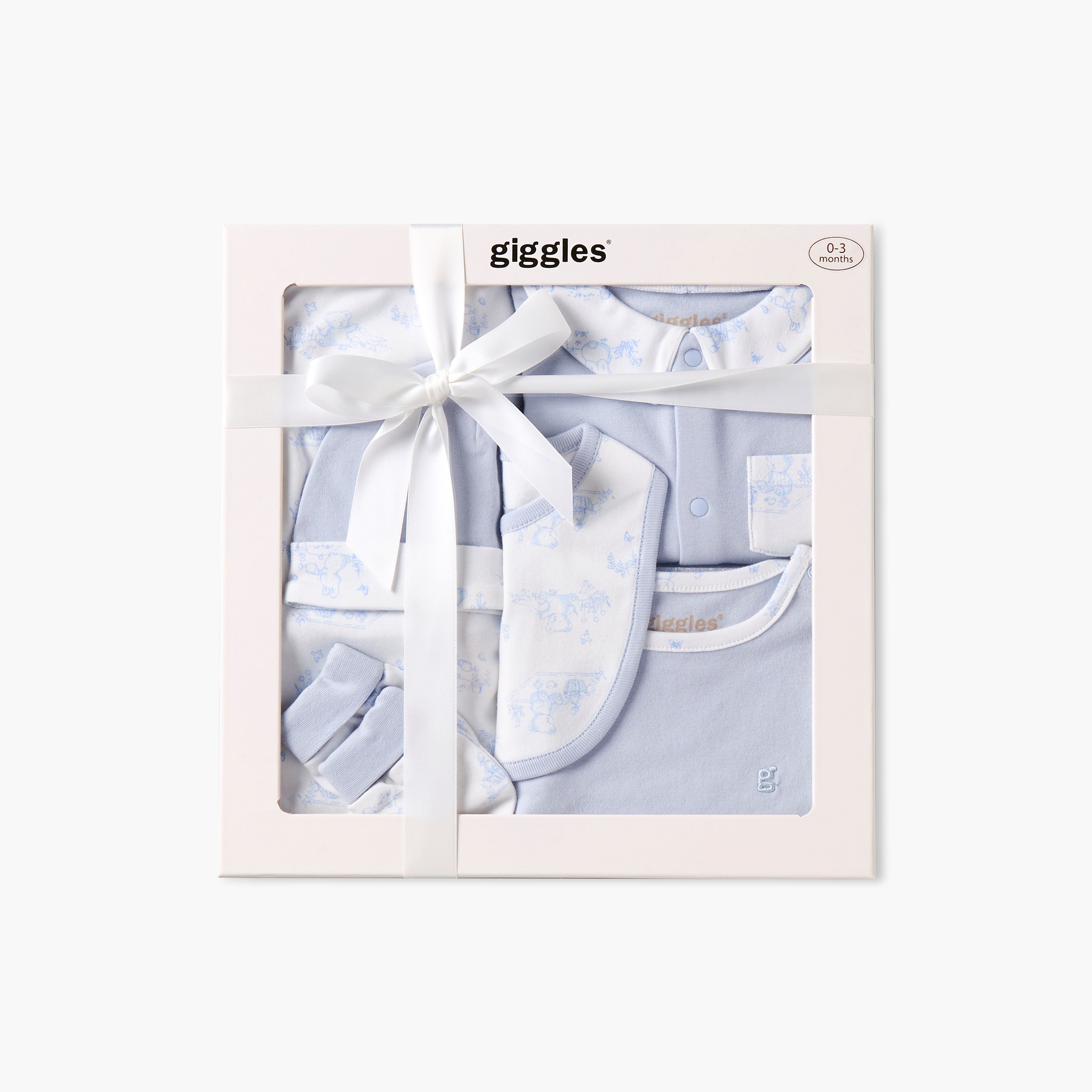 Set of 6 Giggles Clothing Gift Set with Bear Print - Blue / 0-3 mths