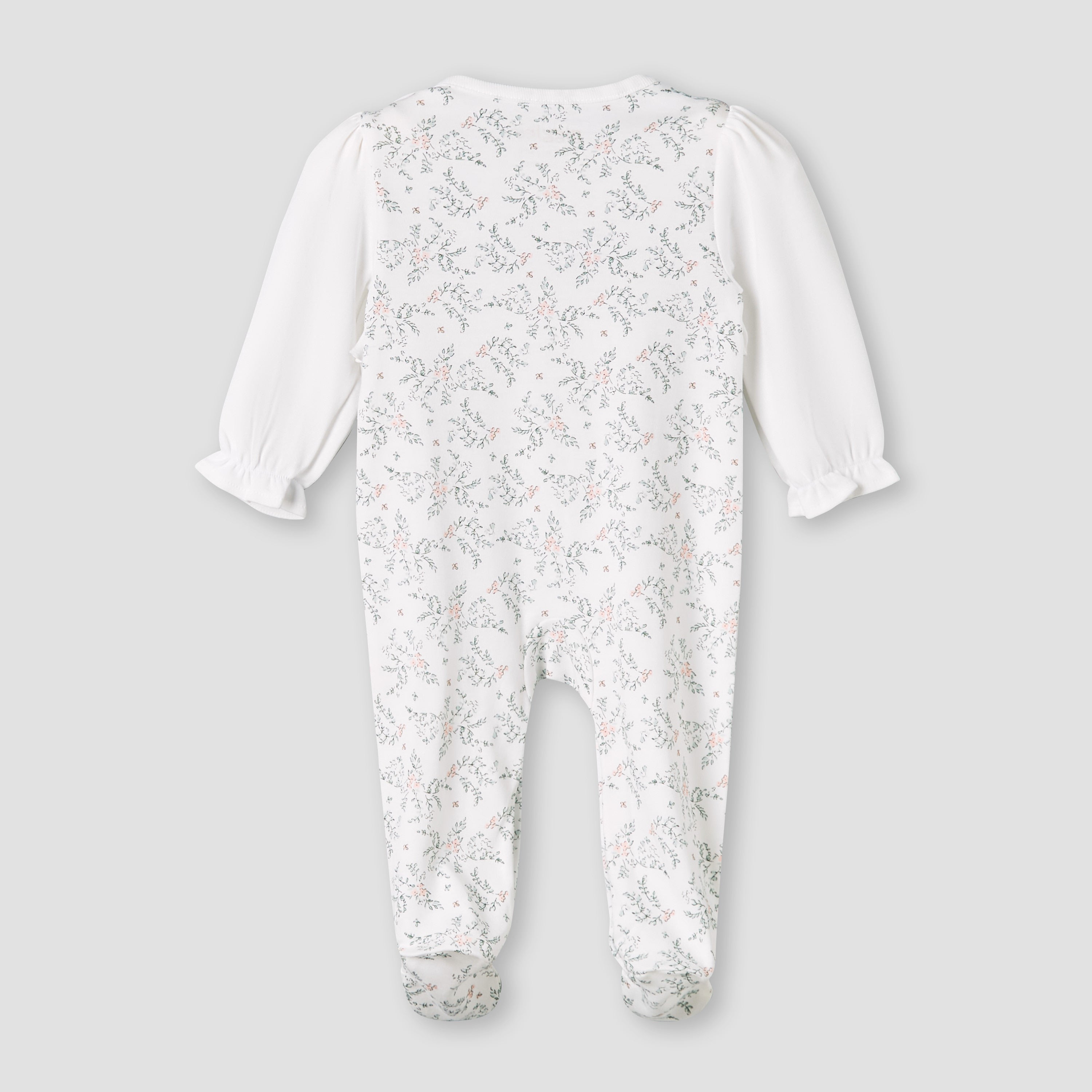 Giggles Cotton Round Neck Long Sleeves Sleepsuit with Floral Embroidery