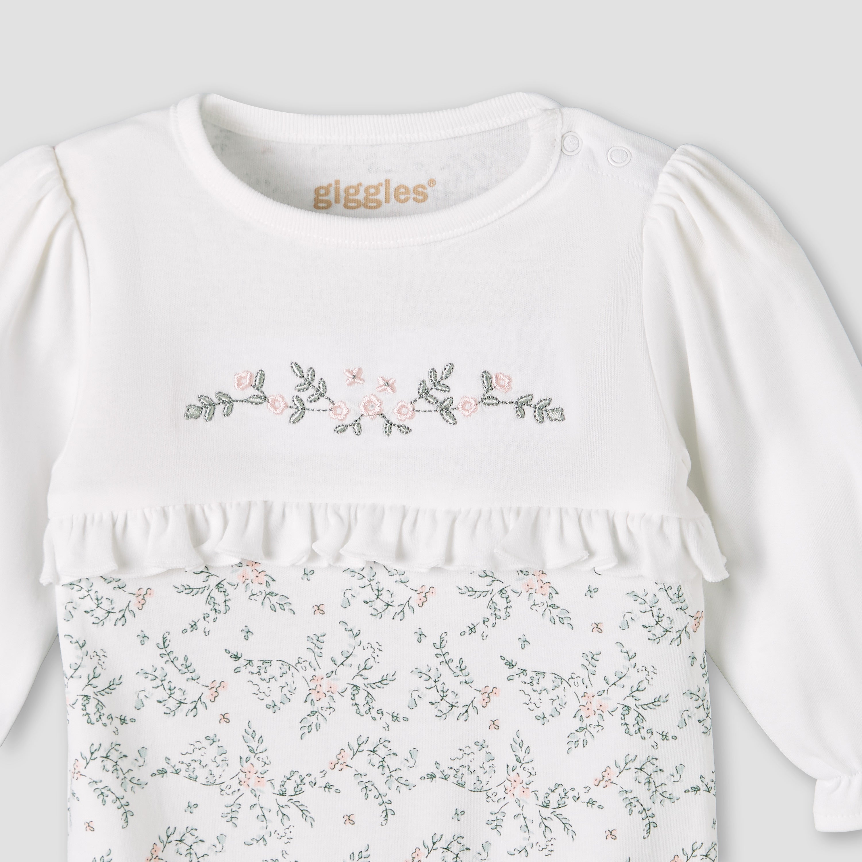 Giggles Cotton Round Neck Long Sleeves Sleepsuit with Floral Embroidery