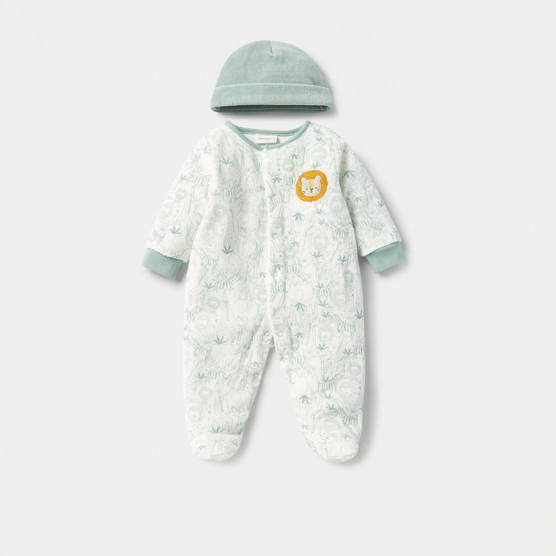 Juniors Lion Print Velour Closed Feet Sleepsuit with Cap - Green / 9-12 mths