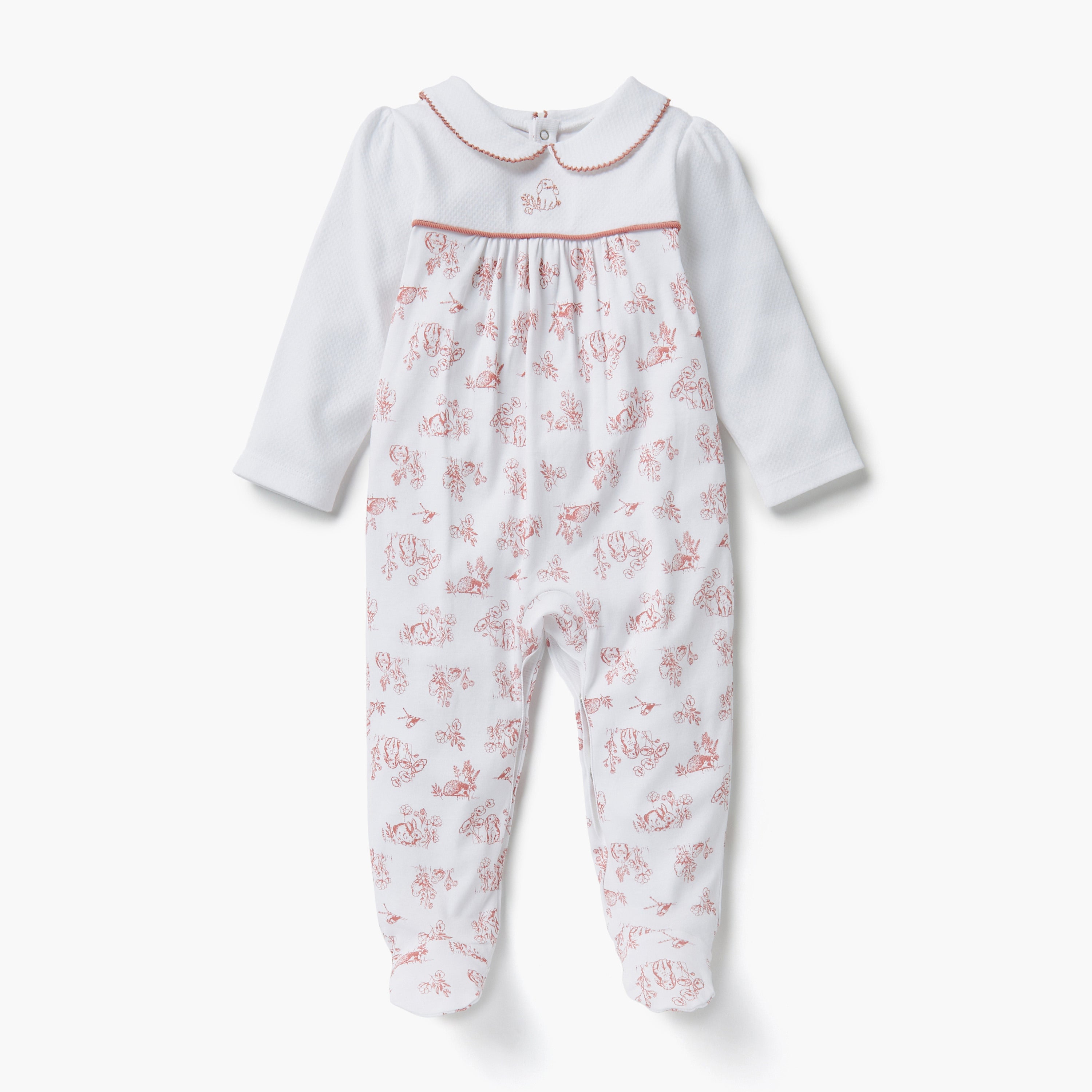 Giggles Animal Print Collared Neckline Closed Feet Sleepsuit with Button Closure - White / 12-18 mths
