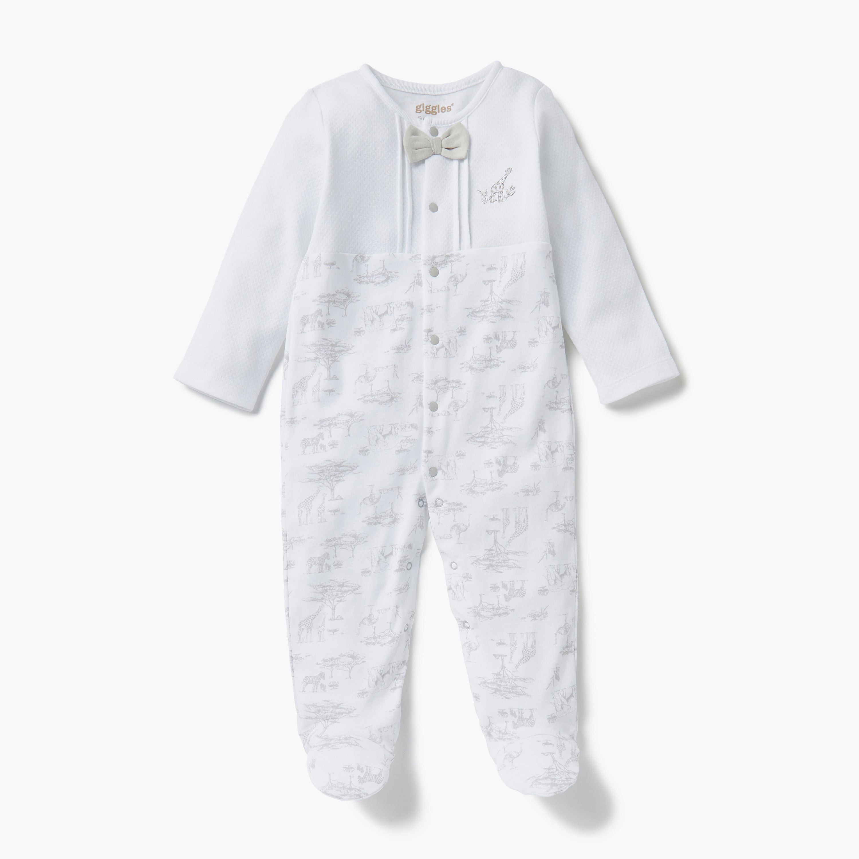 Giggles Animal Print Closed Feet Sleepsuit with Button Closure - White / 12-18 mths