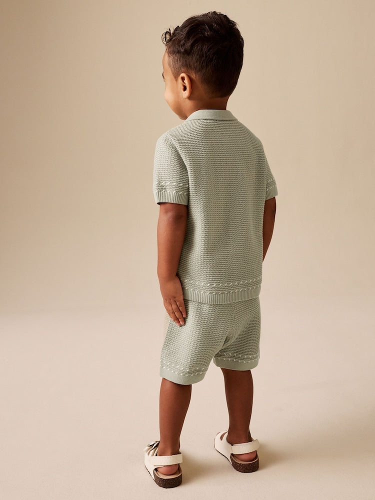 Sage Green Textured Knitted Button Through Polo Shirt and Shorts Set (3mths-10yrs)