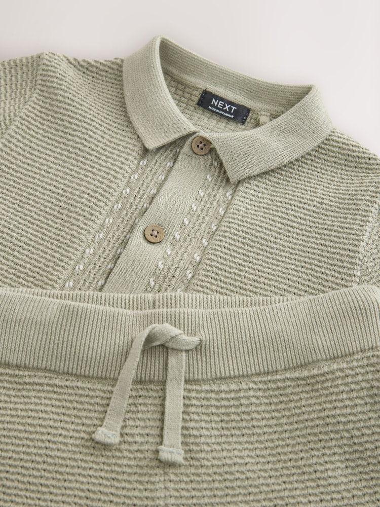Sage Green Textured Knitted Button Through Polo Shirt and Shorts Set (3mths-10yrs)