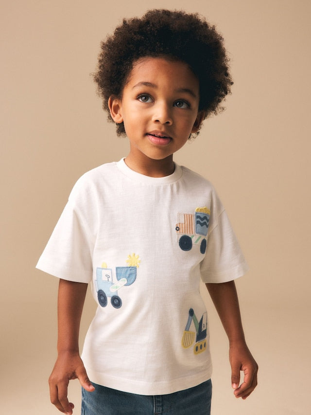 Neutral Digger Trio Short Sleeve Appliqué T-Shirt (3mths-7yrs) - Size 3-6 Months (62-68cm)