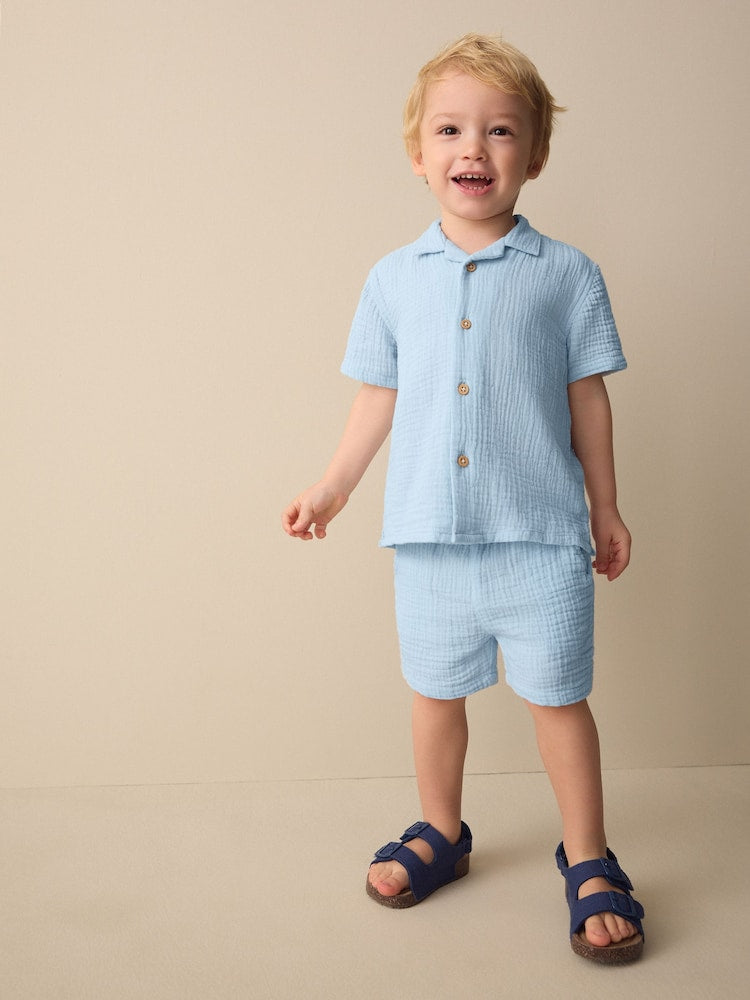 Light Blue Plain Short Sleeve Double Cloth Shirt & Shorts Set (3mths-10yrs)