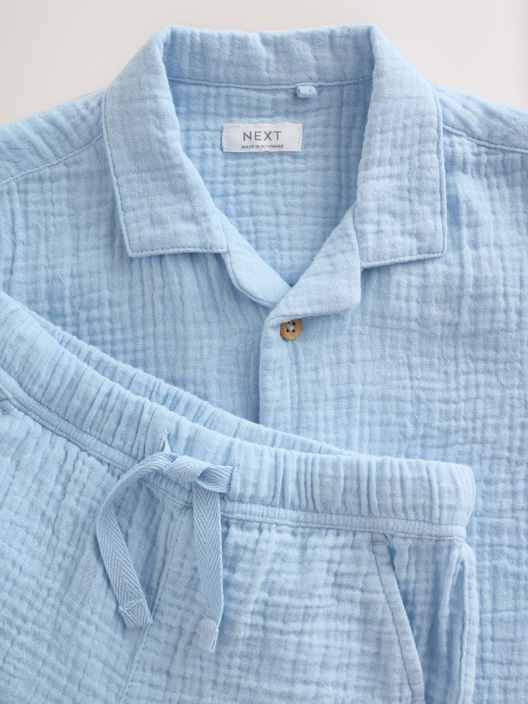 Light Blue Plain Short Sleeve Double Cloth Shirt & Shorts Set (3mths-10yrs)