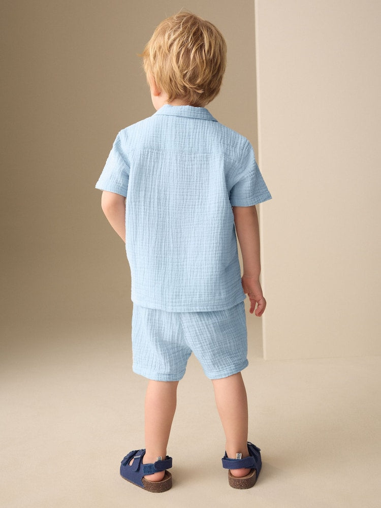 Light Blue Plain Short Sleeve Double Cloth Shirt & Shorts Set (3mths-10yrs)