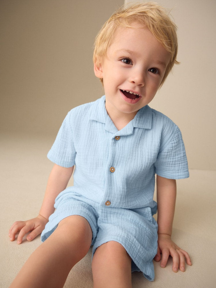 Light Blue Plain Short Sleeve Double Cloth Shirt & Shorts Set (3mths-10yrs)