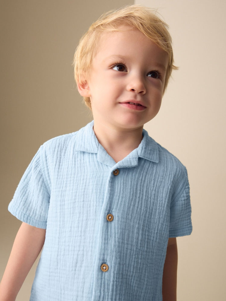 Light Blue Plain Short Sleeve Double Cloth Shirt & Shorts Set (3mths-10yrs)