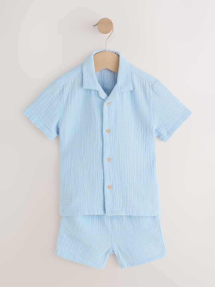 Light Blue Plain Short Sleeve Double Cloth Shirt & Shorts Set (3mths-10yrs)