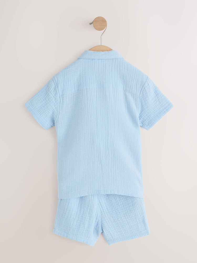 Light Blue Plain Short Sleeve Double Cloth Shirt & Shorts Set (3mths-10yrs)