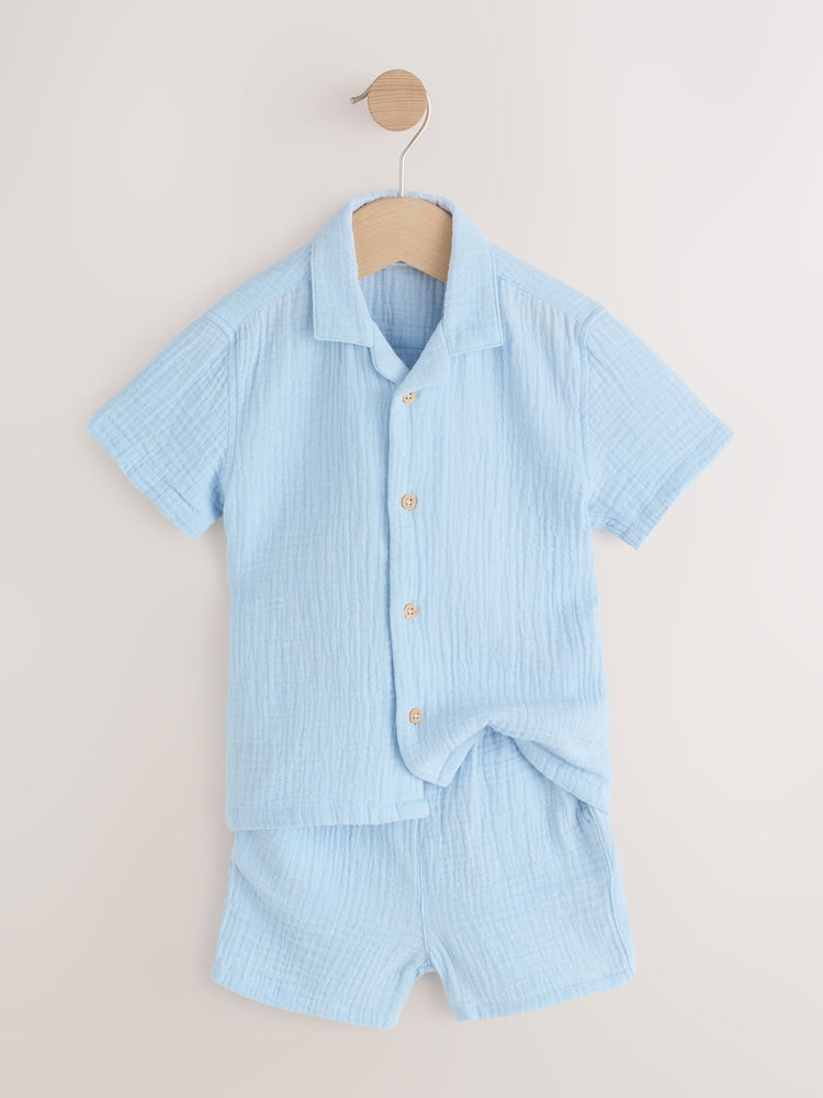 Light Blue Plain Short Sleeve Double Cloth Shirt & Shorts Set (3mths-10yrs)