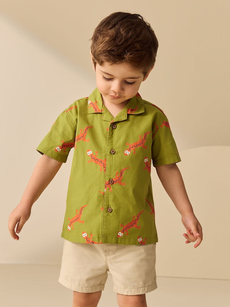 Green All Over Print Ghecko Short Sleeve Revere Collar Printed Shirt (3mths-7yrs)