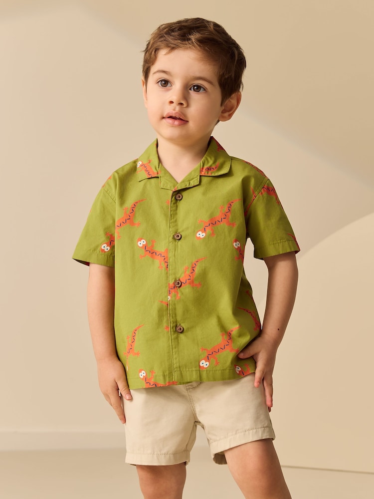 Green All Over Print Ghecko Short Sleeve Revere Collar Printed Shirt (3mths-7yrs)