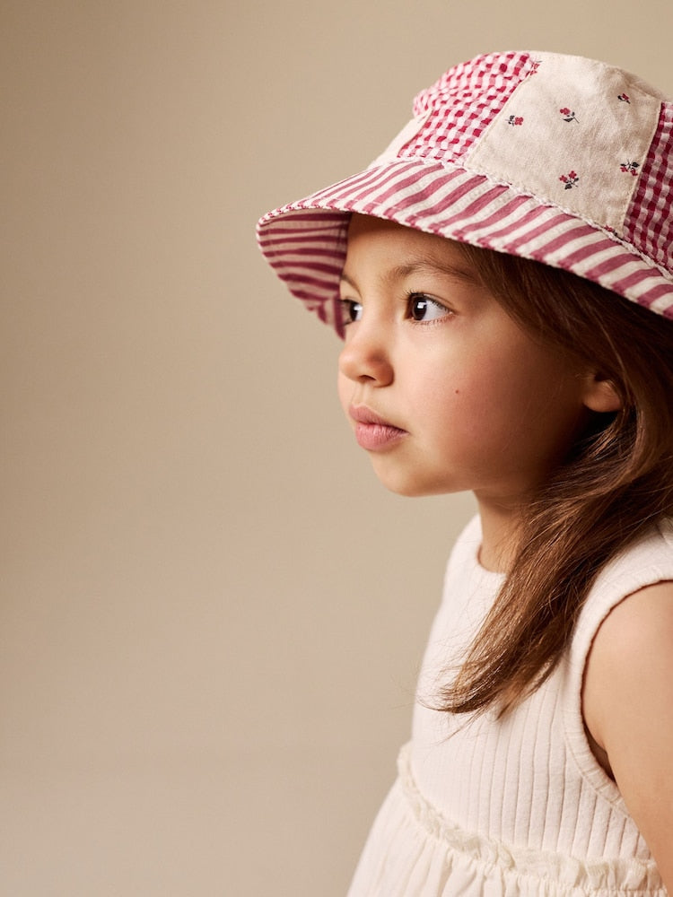 Cream/ Red Patchwork Printed Bucket Hat (3mths-13yrs)