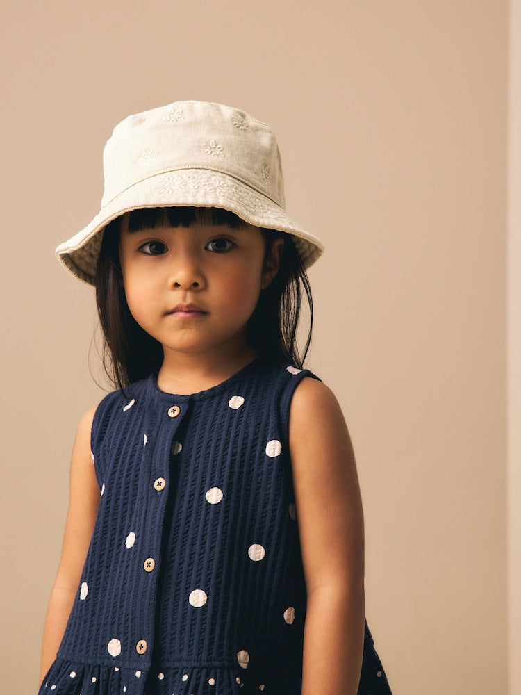 Stone/Cream Laser Cut Embroidery Bucket Hat (3mths-16yrs) - Size 3-9 Months (62-74cm)