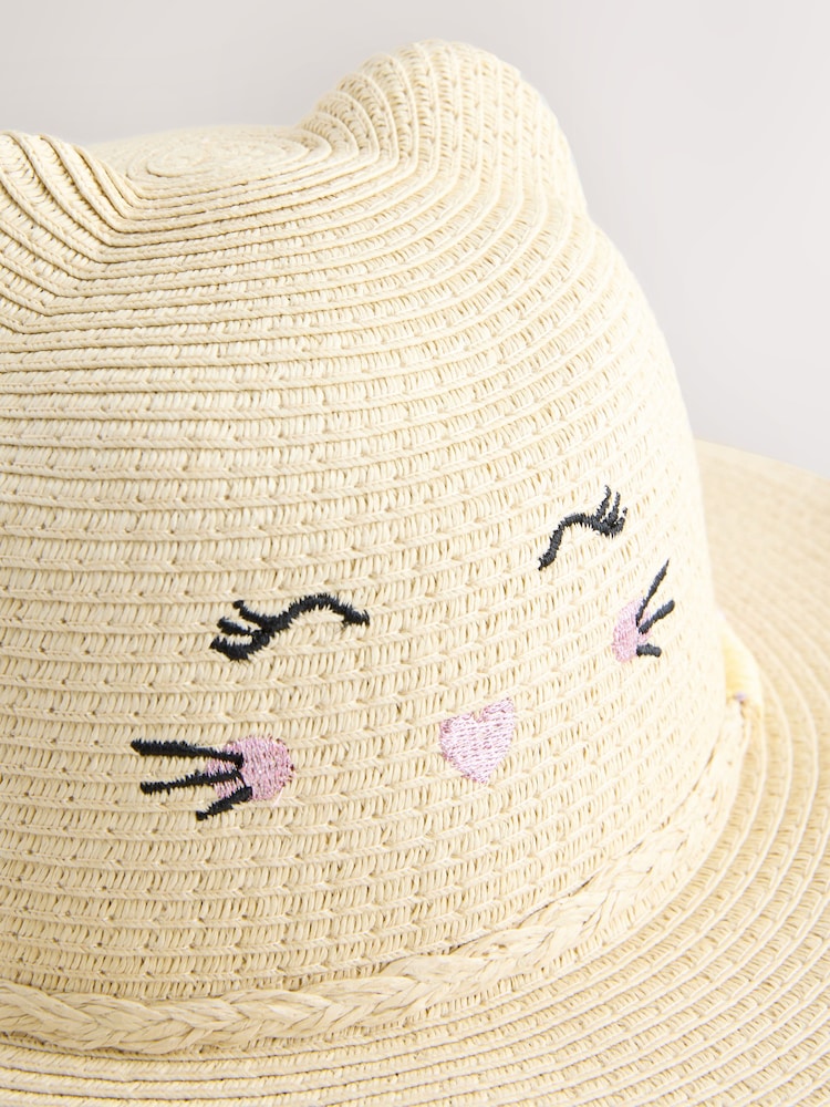 Cream Cat Straw Sun Hat (3mths-13yrs) - Size 3-9 Months (62-74cm)
