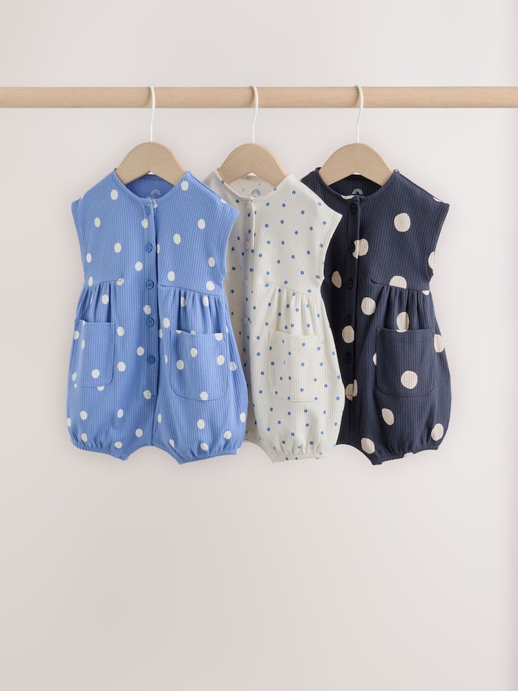 Blue/White Button Through Button Through Baby Rompers 3 Pack