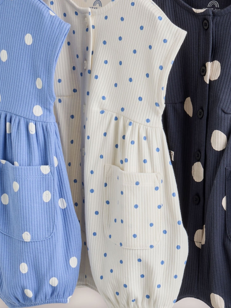 Blue/White Button Through Button Through Baby Rompers 3 Pack