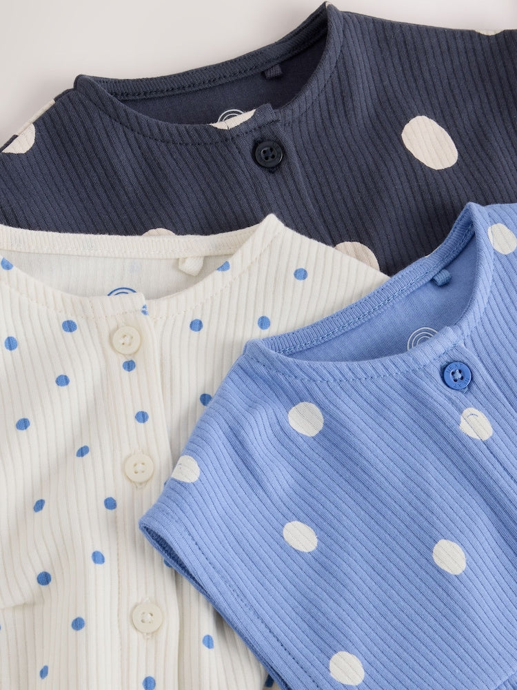 Blue/White Button Through Button Through Baby Rompers 3 Pack