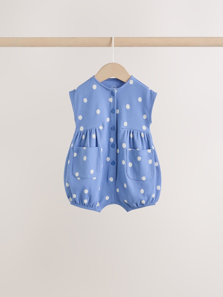 Blue/White Button Through Button Through Baby Rompers 3 Pack