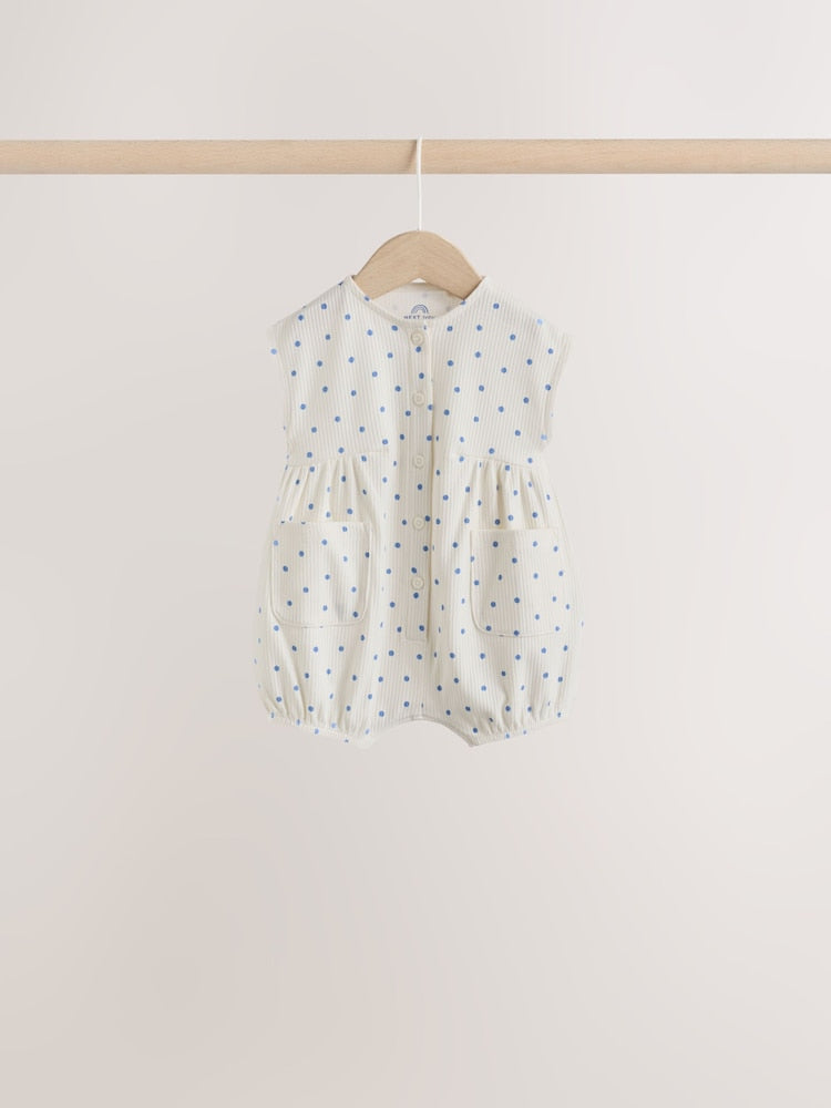 Blue/White Button Through Button Through Baby Rompers 3 Pack