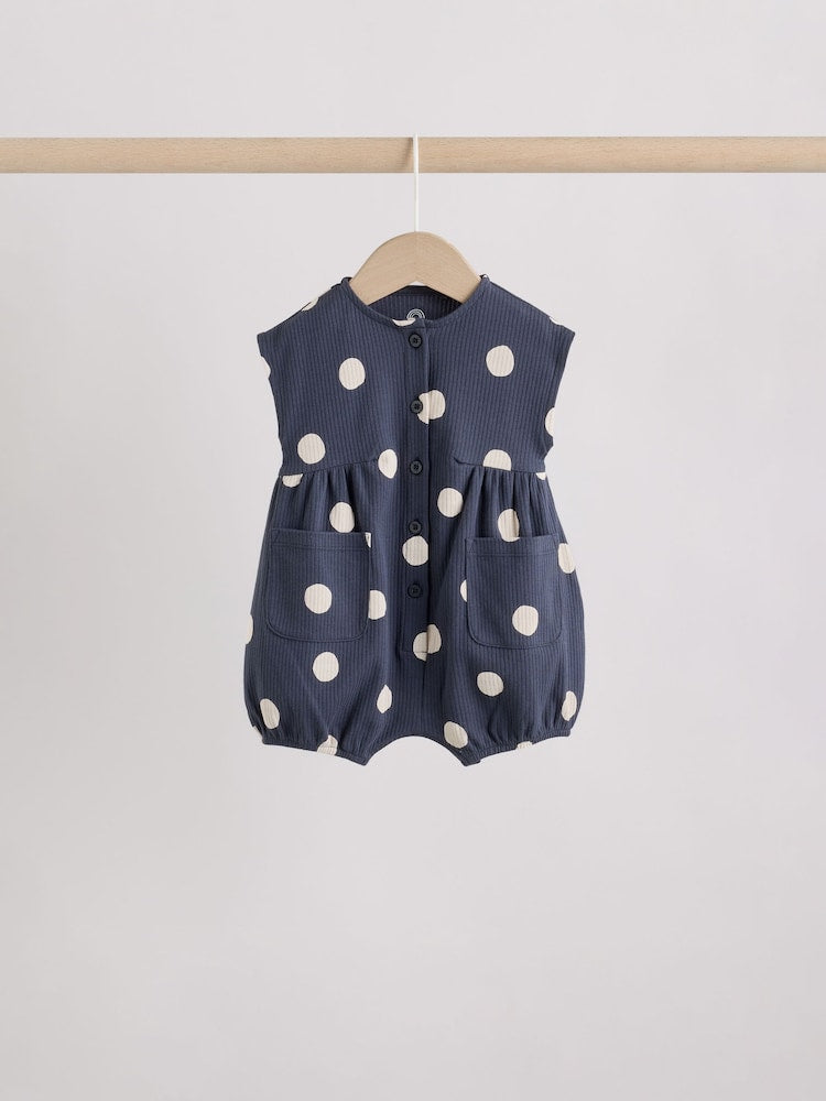 Blue/White Button Through Button Through Baby Rompers 3 Pack