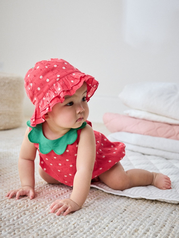 Red Strawberry Printed Woven Baby Romper and Hat Set - 12-18 Months (80-86cm)