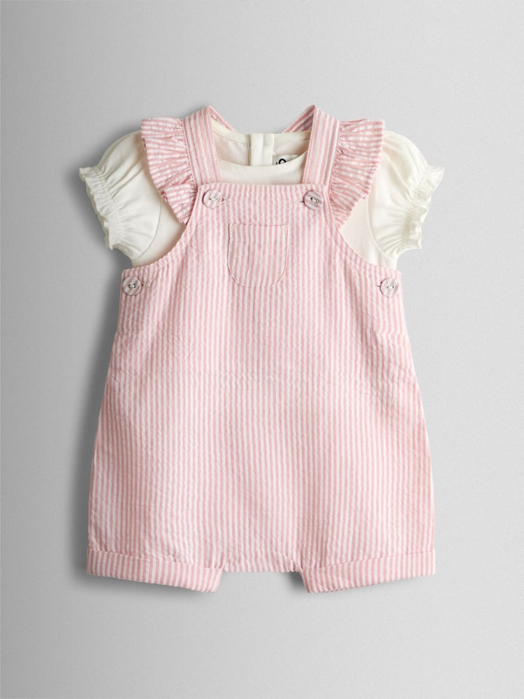 JoJo Maman Bébé Pink Seersucker Stripe Dungarees & T-Shirt Set