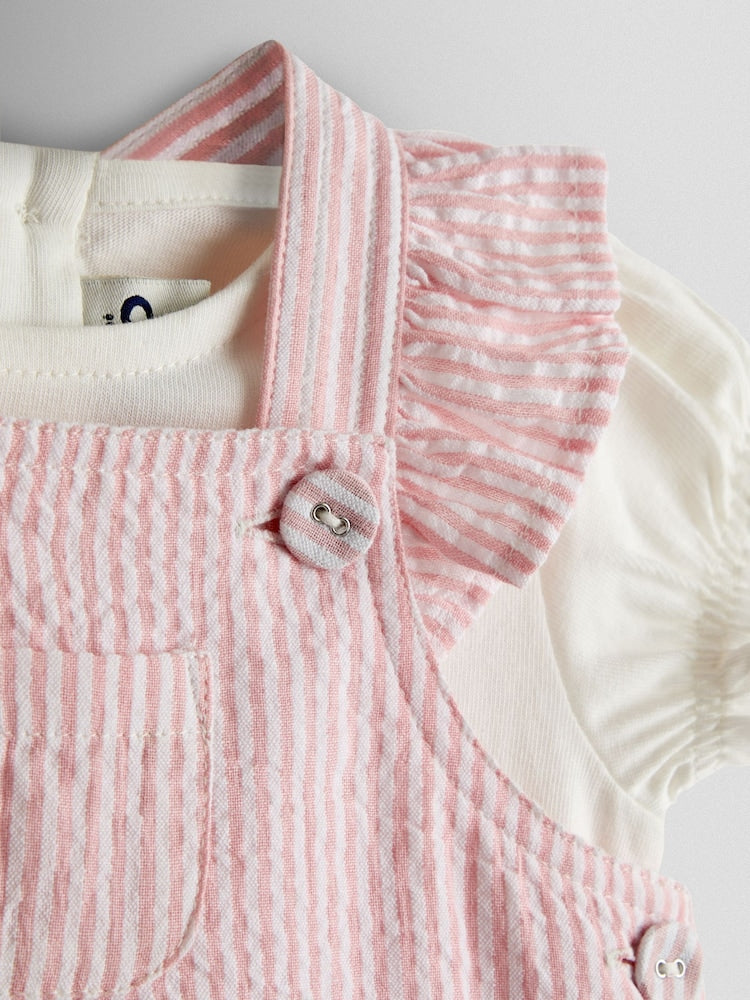 JoJo Maman Bébé Pink Seersucker Stripe Dungarees & T-Shirt Set