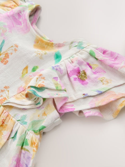 Lilac Floral Linen Frill Sleeve Dress (3mths-8yrs)