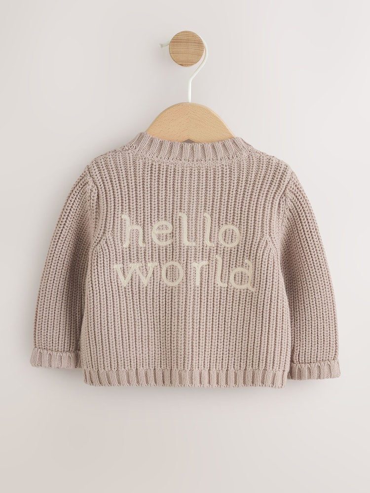 Neutral Hello World Knitted Embroidered Baby Cardigan