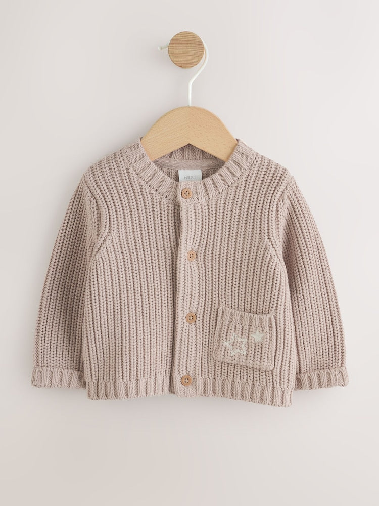 Neutral Hello World Knitted Embroidered Baby Cardigan - Size 50cm (First Size)