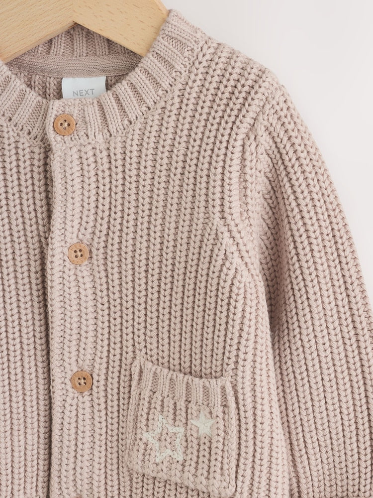 Neutral Hello World Knitted Embroidered Baby Cardigan