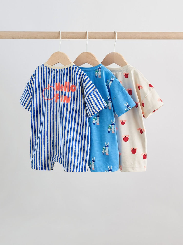 Blue/Ecru Printed Jersey Baby Rompers 3 Pack - Size 50cm (First Size)