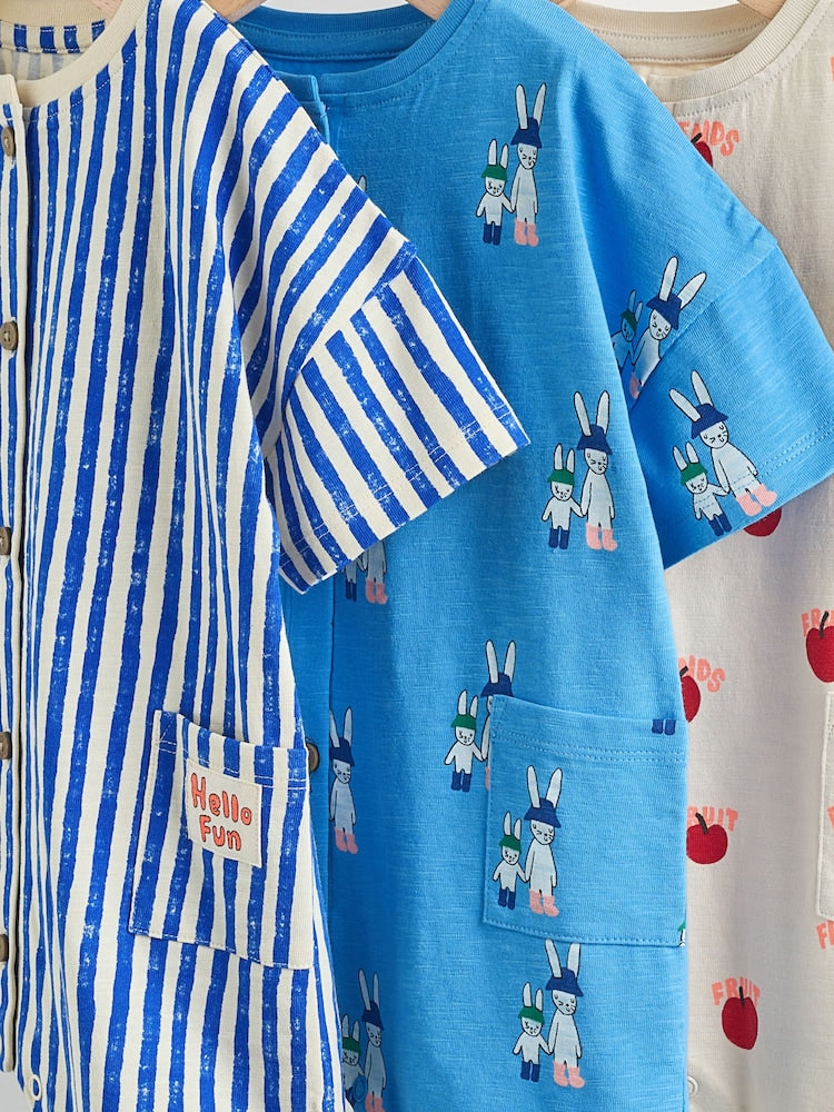 Blue/Ecru Printed Jersey Baby Rompers 3 Pack - Size 50cm (First Size)