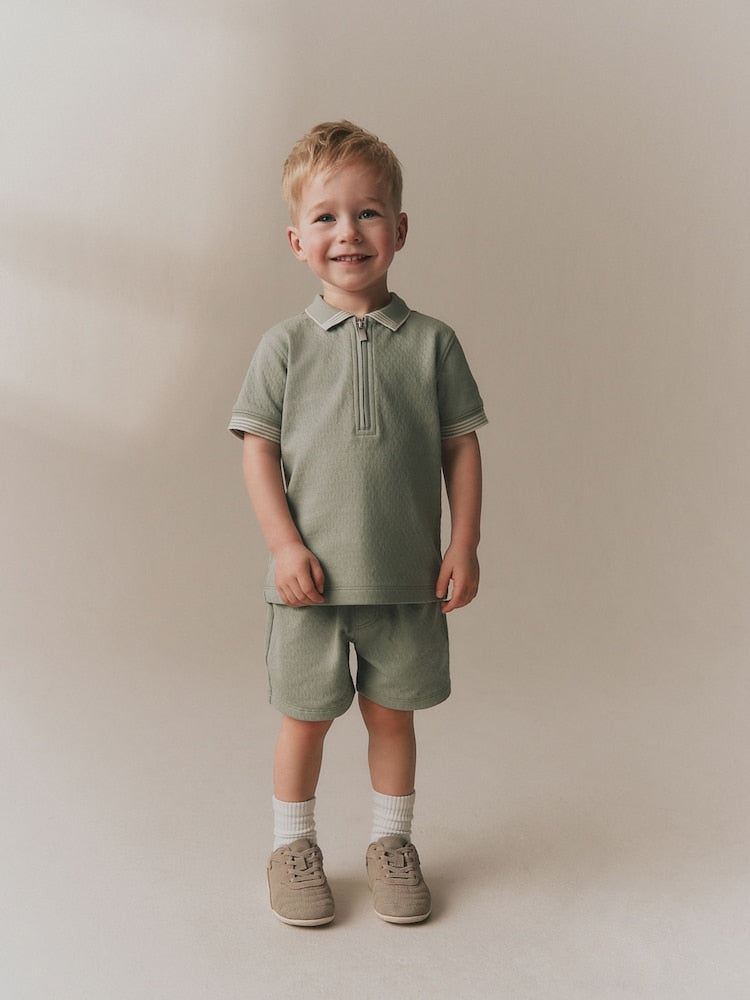 Sage Green Zip Neck Short Sleeve Polo Shirt And Shorts Set (3mths-7yrs)